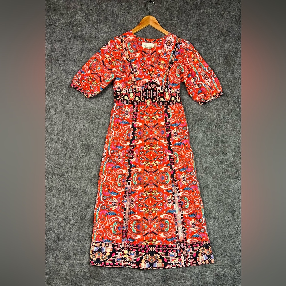 Anthropologie Red-Orange Paisley Puff-Sleeve Maxi Dress Size 4